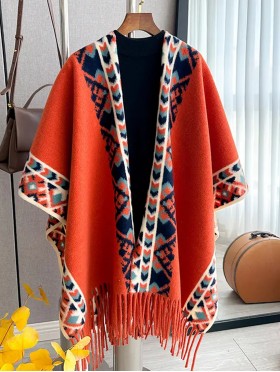 Premium Soft Abstract Patterned Cape W/ Fringes